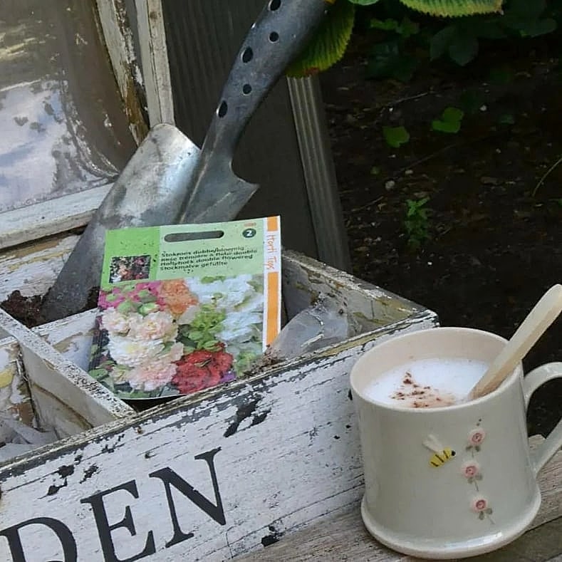 Jane Hogben Mug Hollyhock and Honey Bee - The Reed Warbler Shop
